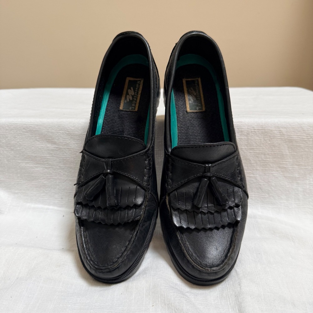 Natural Sport Kiltie Tassel Loafers 7.5 Black Leather Lug Sole Moc Toe 815475